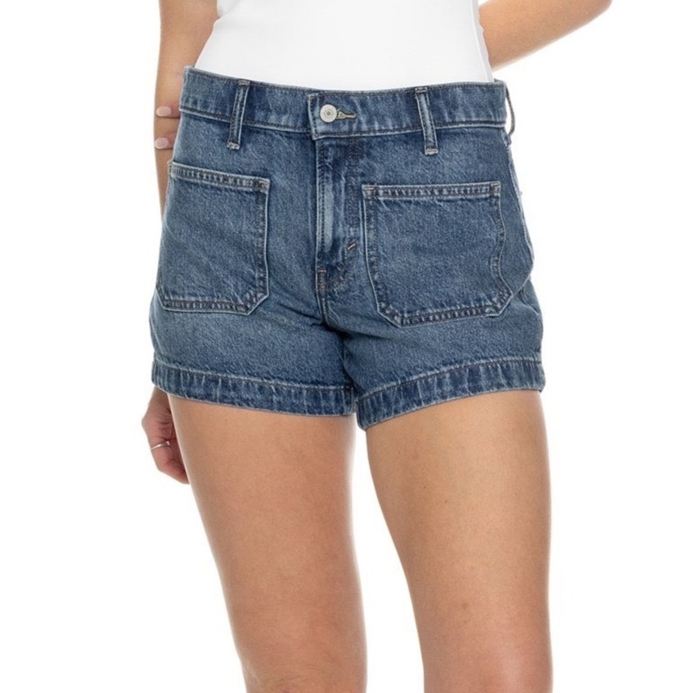 Lucky Brand 90s Midi Shorts Dark Wash High Rise Patch Pocket Denim Blue 8/29
